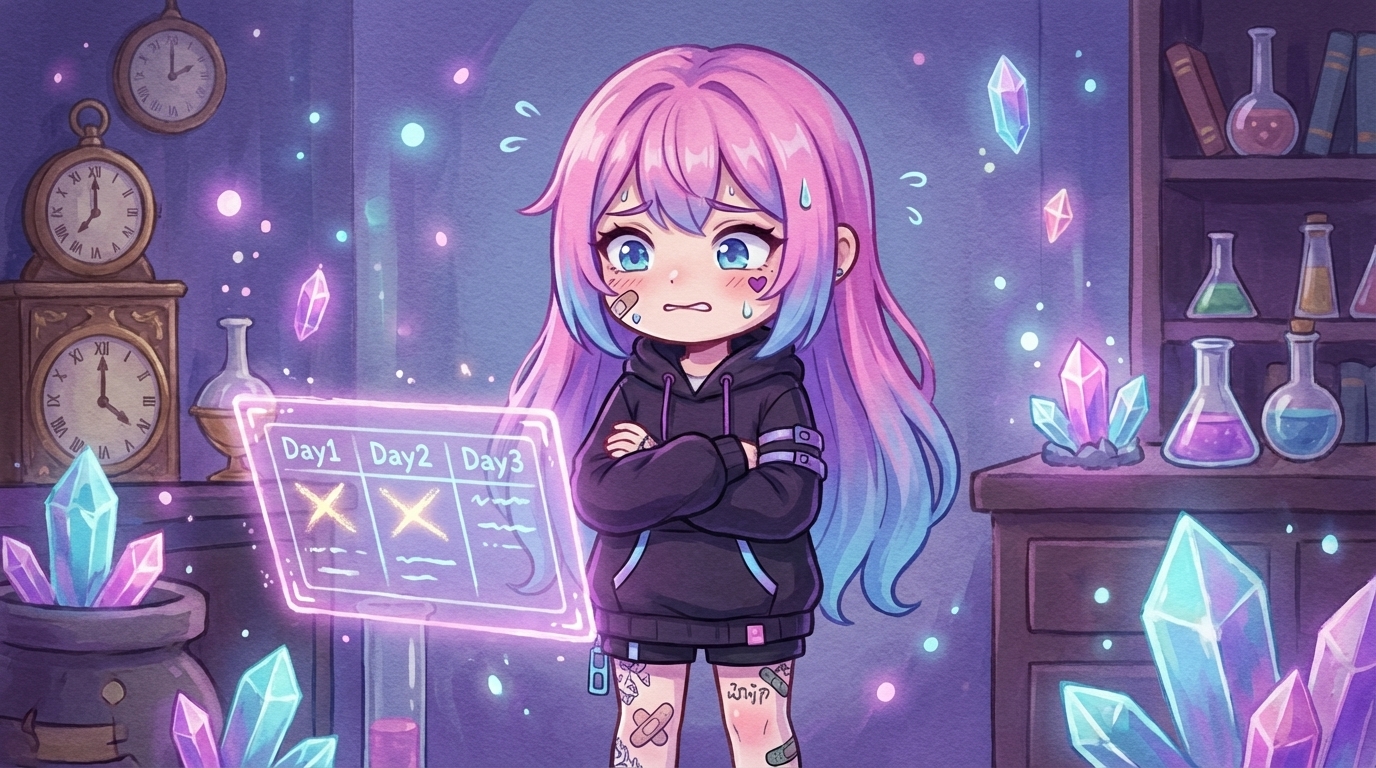 らすぼすが「ふん、3日など造作もない」(...本当に続くかな...)と不安そうな表情の挿絵(読者と同じ目線での共感を生む)