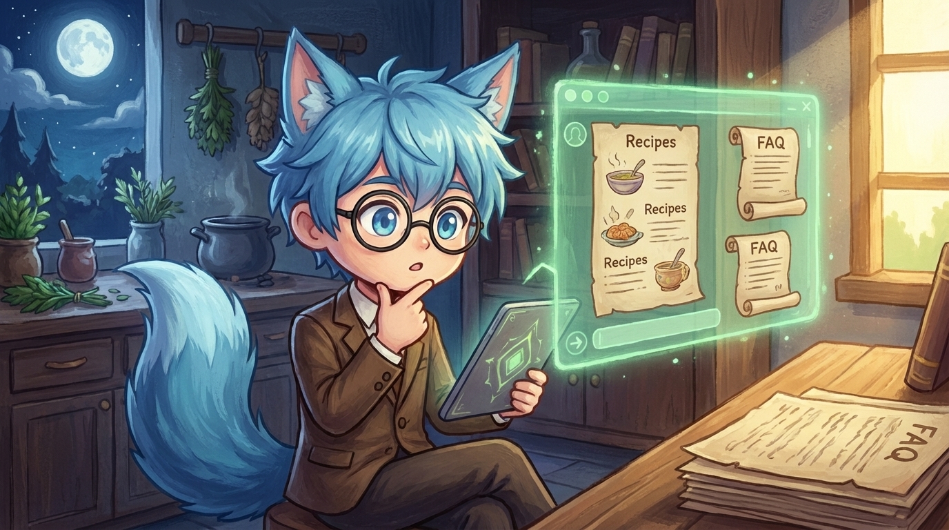 じょしゅのキャラ挿絵(インライン)。「夜は献立、朝はFAQ、同じ画面で」という場面を表すシーンイメージと組み合わせ配置。記事中盤の視覚的アクセント