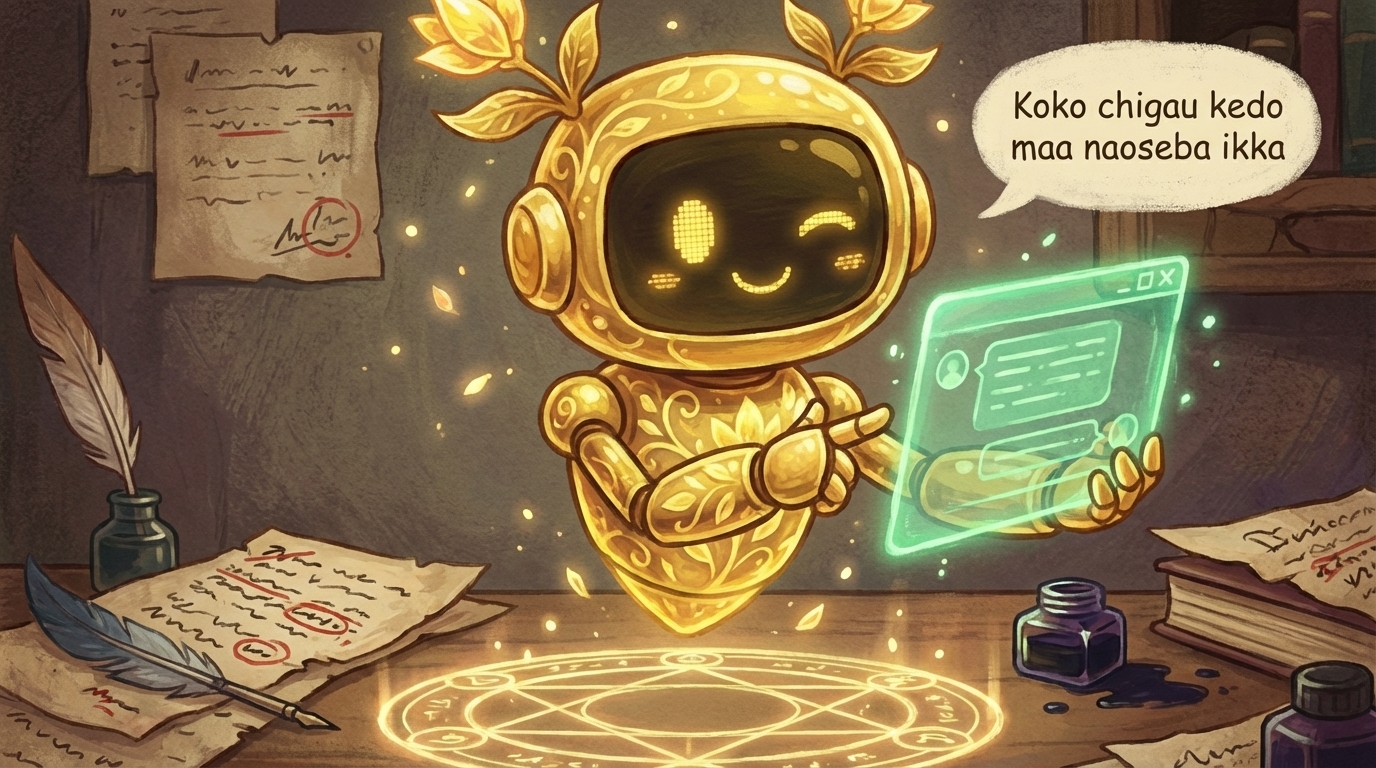 うとのキャラ挿絵（inline）。「AIの出力結果をスマホで確認しながら『ここ直せばいいじゃん』という表情のうと」。「ゆるく使ってOK」のトーンを視覚的に補完