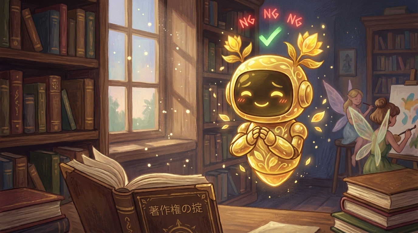 うとのインライン挿絵（後半）。「これだけ気をつければ大丈夫なんだ、ちょっと安心した」という表情。著作権セクション後の心理的転換点を視覚的に表現し、次の行動への気持ちを前向きに切り替えるタイミングで配置