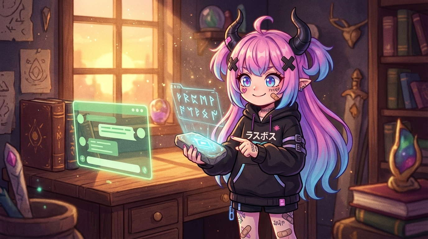 らすぼすのキャラ挿絵（本文中インライン）。スマホのメモアプリ画面のイメージ図も併置。「マイプロンプト集」というメモに「フォローメール用」「夕飯相談用」などのプロンプトが箇条書きで並んでいる様子を図示