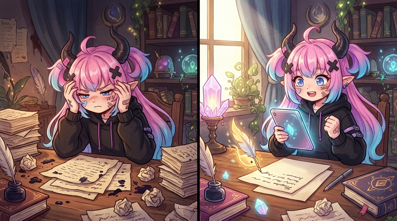 らすぼすの本文挿絵(困り顔→スッキリ顔)。本文内でキャラ吹き出しと並べて配置