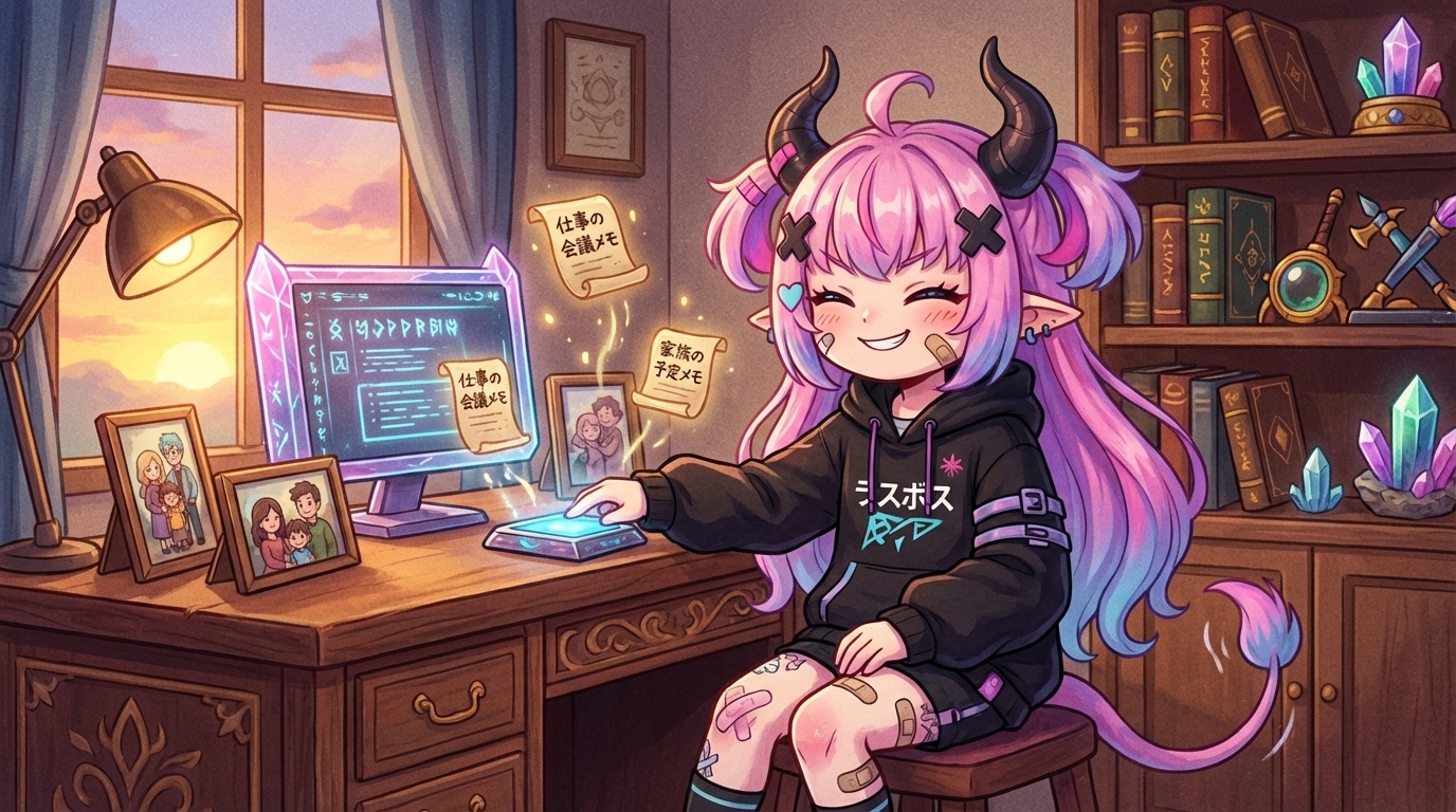 らすぼすの本文中挿絵②。仕事用PCと家族写真が並ぶ机でスマホを操作している満足げなイラスト