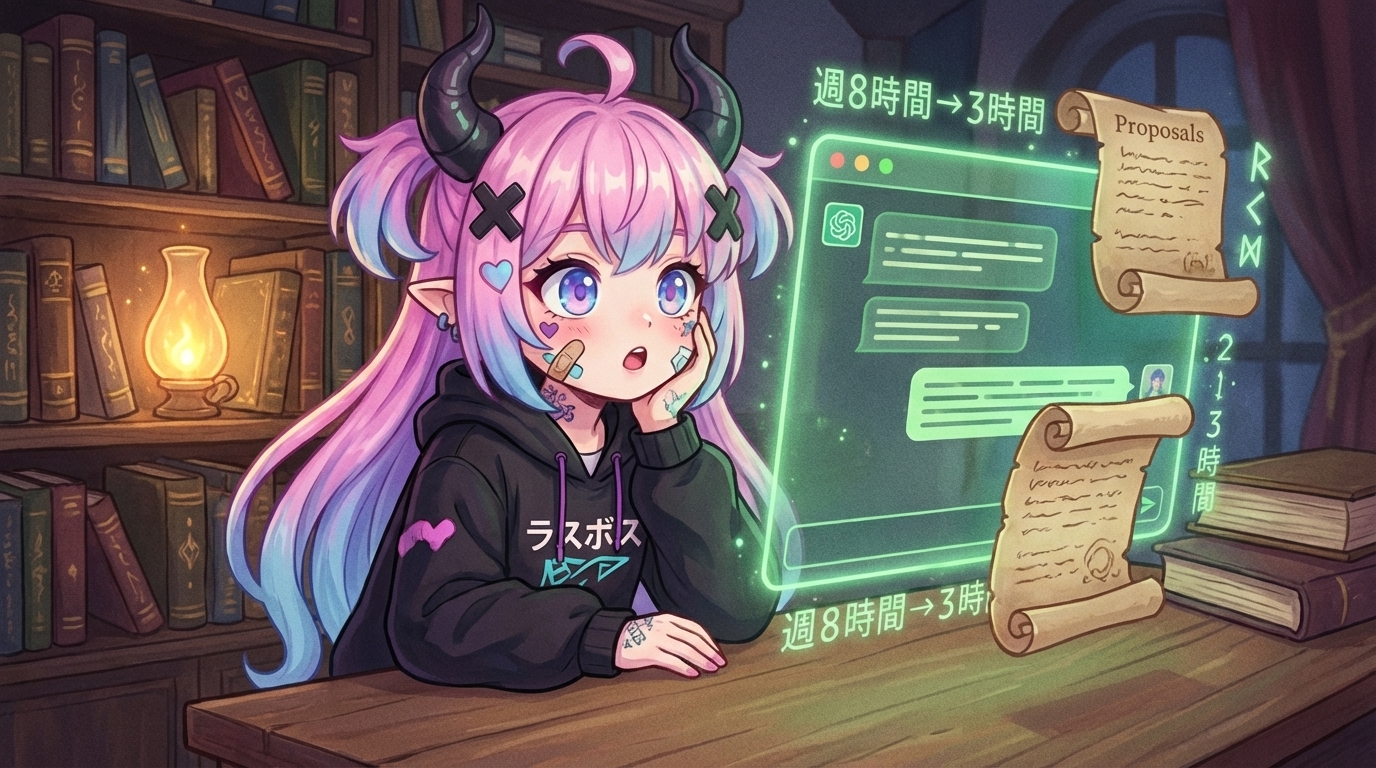 らすぼすキャラ挿絵②(本文中・inline)。事例を読んで「へー、そういう使い方があるんだ」と気づいた表情。before/afterの流れを読んだ後の読者の驚きを代弁するビジュアル