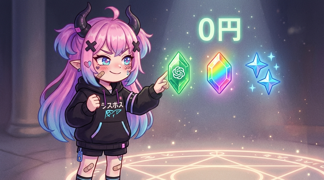 らすぼすキャラ挿絵③(本文中・inline)。「ふっ、これなら費用0円でも始められるではないか(…ほんとに無料なのか、ちょっとドキドキ)」という表情