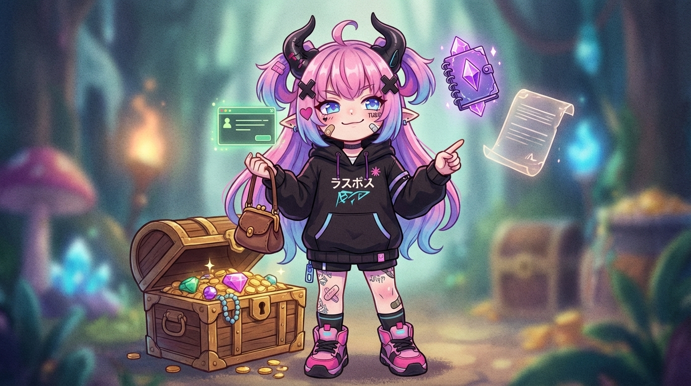 らすぼすの挿絵(inline)。財布を片手に「これだけあれば十分ではないか」という表情のキャラクターカット。コスト重視のメッセージとセットで配置