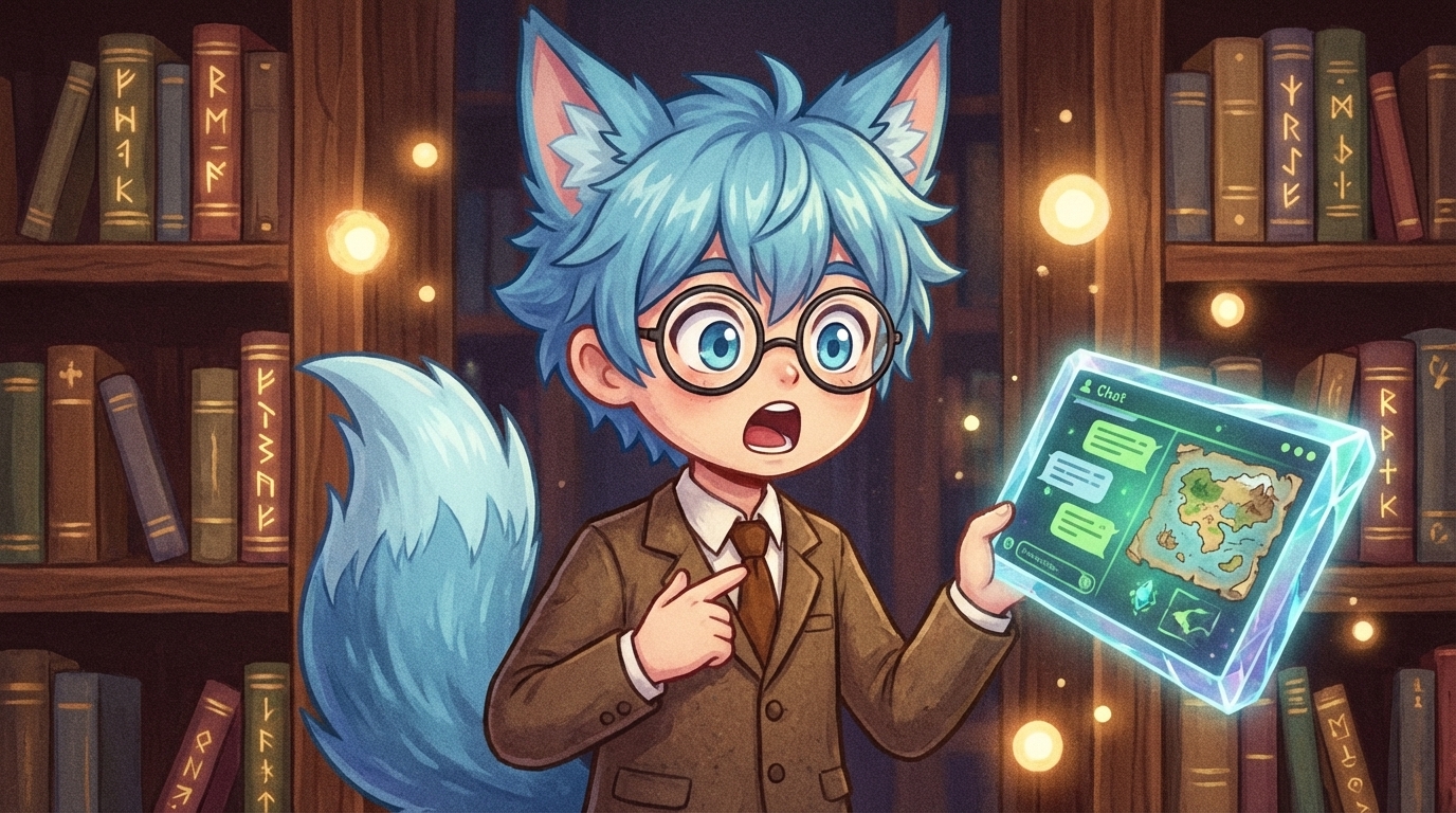 じょしゅのキャラ挿絵(inline)。スマートフォンを片手に持ちながら「あれ、これって僕が使ってるアレじゃないですか!」という驚きの表情。読者の「自分ごと化」の瞬間に寄り添う配置