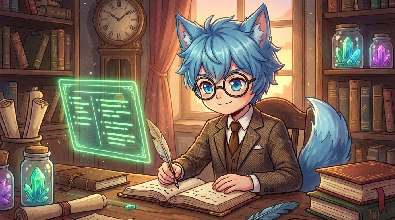 じょしゅのキャラ挿絵(inline)。パソコン画面に向かってメモを取りながら「なるほど、こう整理すればわかりやすい!」という表情。実況コーナーの雰囲気を高め、後半の離脱を防ぐ
