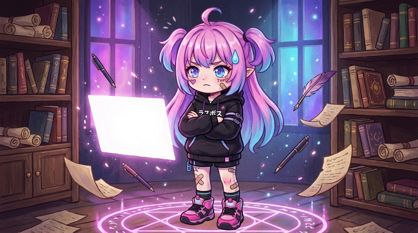 らすぼすキャラ挿絵。白紙スライドの前で腕を組んで困った表情。記事テーマ(構成迷子)を視覚で予告するビジュアル。