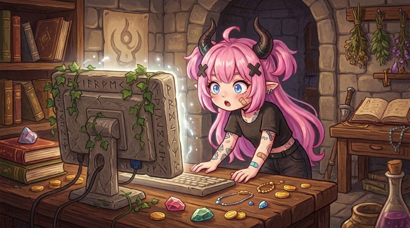 らすぼすの本文中挿絵①:PCの画面に商品写真が生成されて驚いているシーン。キャラとコンテンツのつながりを視覚的に演出。