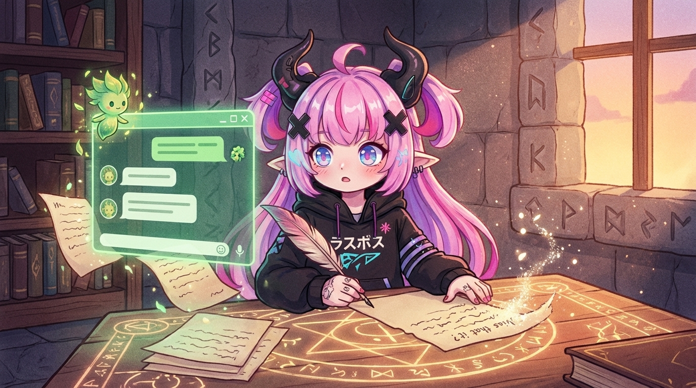 らすぼすキャラ挿絵(本文中)。AIで下書き→自分でひと言追加→送信、という流れをらすぼすのリアクション付きで表現