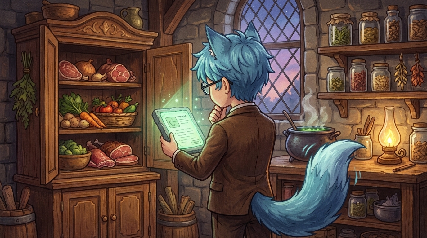 じょしゅ挿絵（本文中）：スマホを持って冷蔵庫の前に立ち「夜ごはん何にしようかな…」と考えている後ろ姿。「同じAIが日常でも使える」というシーンを親しみやすく表現
