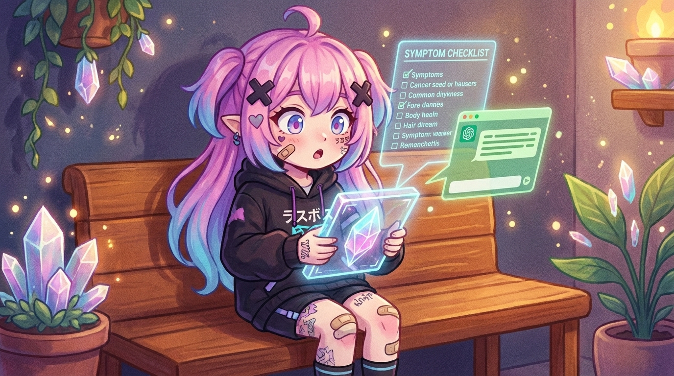 らすぼすのキャラ挿絵(本文中2枚目)。スマホを手にして「受診前にこんな使い方が...」という新鮮な反応。患者視点への切り替わりをキャラで演出