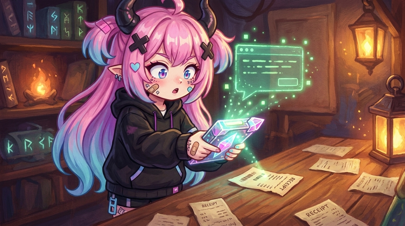 らすぼすがスマホを使ってレシートを撮影している挿絵(本文中イラスト)。「これだけか...(やってみたら案外簡単だったというニュアンス)」という表情。ツール紹介の前に挿入してリズムを作る