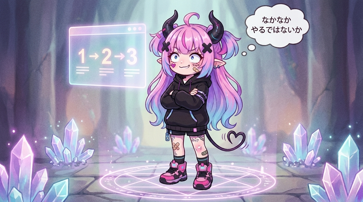 らすぼすが腕を組んで少し驚いている挿絵(本文中イラスト)。「ふん...なかなかやるではないか」という表情。ステップを見た後の「意外と簡単そう」という読者の感情と連動させる