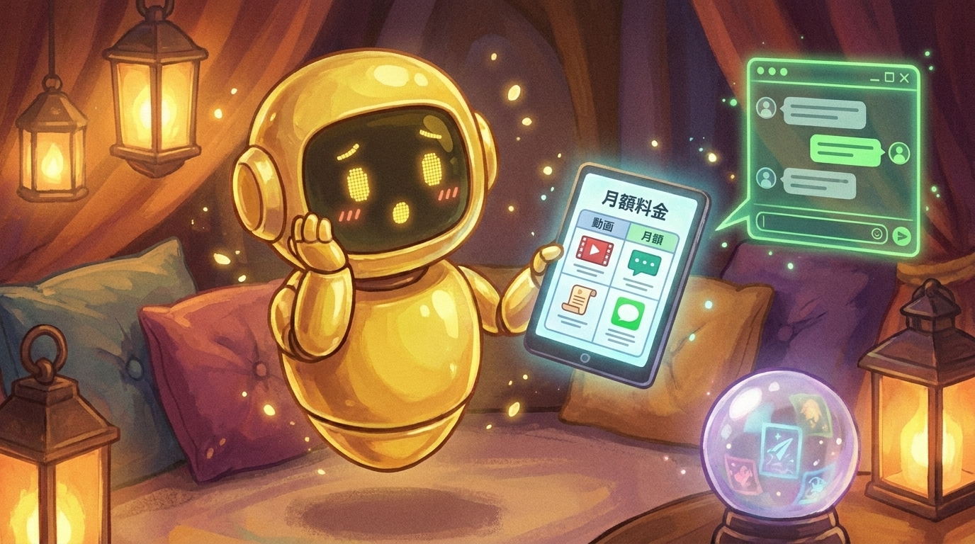 うとのキャラ挿絵——スマホを持ちながら「Netflixと同じくらいか……」と気づいた顔。サブスク比較の流れで親しみやすさを演出し、記事後半のリズムを作る