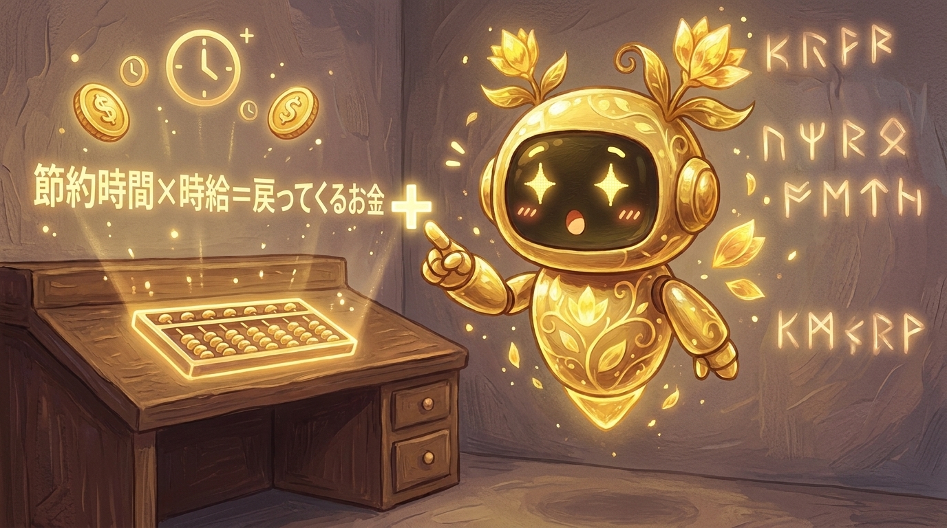 うとのキャラ挿絵——電卓(または計算式メモ)を見て「あれ、意外とお得じゃん」と少し驚いている表情。「元が取れる計算」に読者が気づく瞬間の代弁として配置