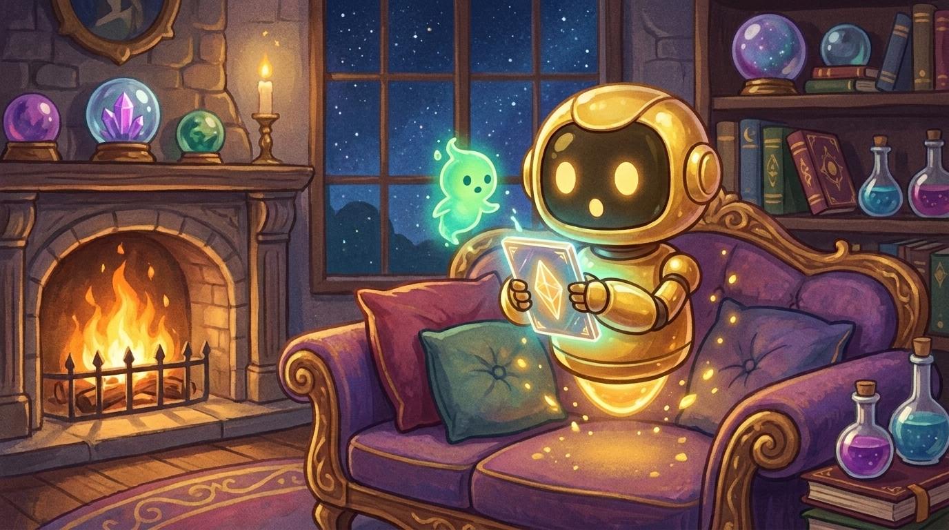 らすぼすキャラ挿絵:カジュアルな服装でソファに座り、スマホでChatGPTを使いながら「ふん、わらわでも使えるではないか…(内心:思ったより簡単)」という表情のイラスト