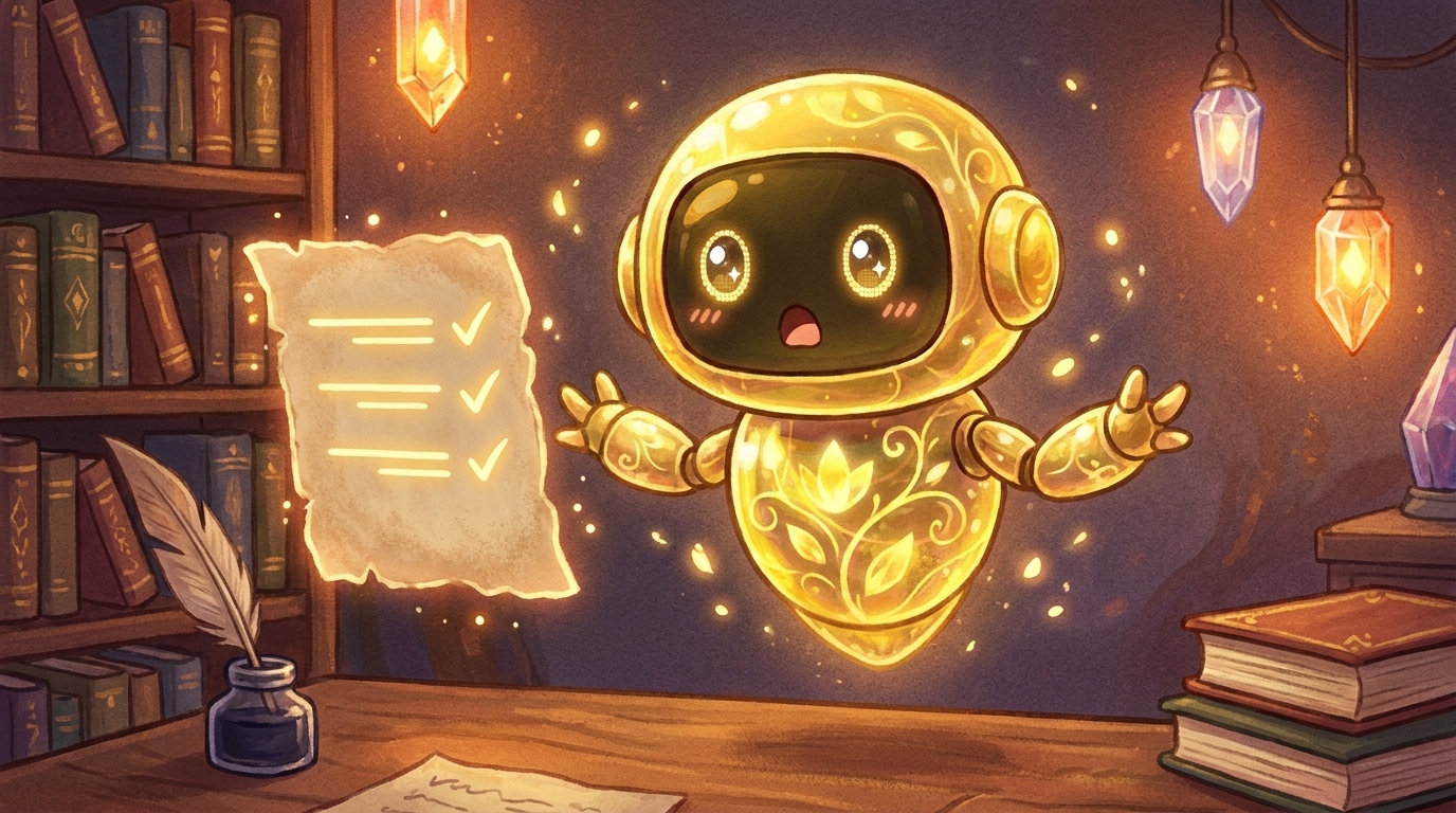 うとのキャラ挿絵(inline)。「3項目書いたら終わり!えっ、これだけ?」という驚きと安堵が混ざった表情。読者の「自分でもできそう」という気持ちを後押し
