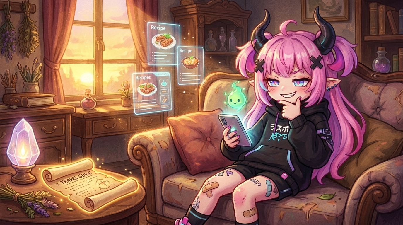 らすぼすキャラ挿絵(本文中inline)。スマホを見ながら「ふん…なかなか使えるではないか」という表情で、日常でAIを使い始めたシーンを表現