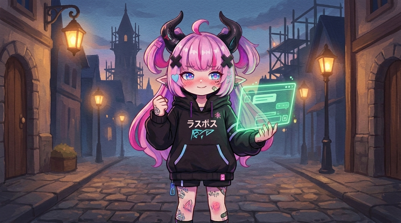 らすぼすがやや照れた顔でガッツポーズしているキャラ挿絵(inline)。「ふっ…わらわも試してみるか」という吹き出しと連動させ、読者の「じゃあ自分も」という背中を押す