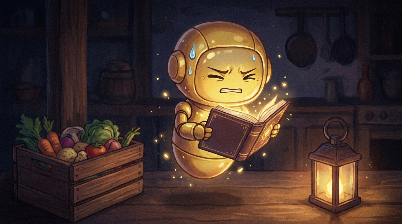 らすぼす挿絵:眉間にしわを寄せて売上帳を眺めているシーン。「人手不足と廃棄ロス」という2大悩みを表情で表現