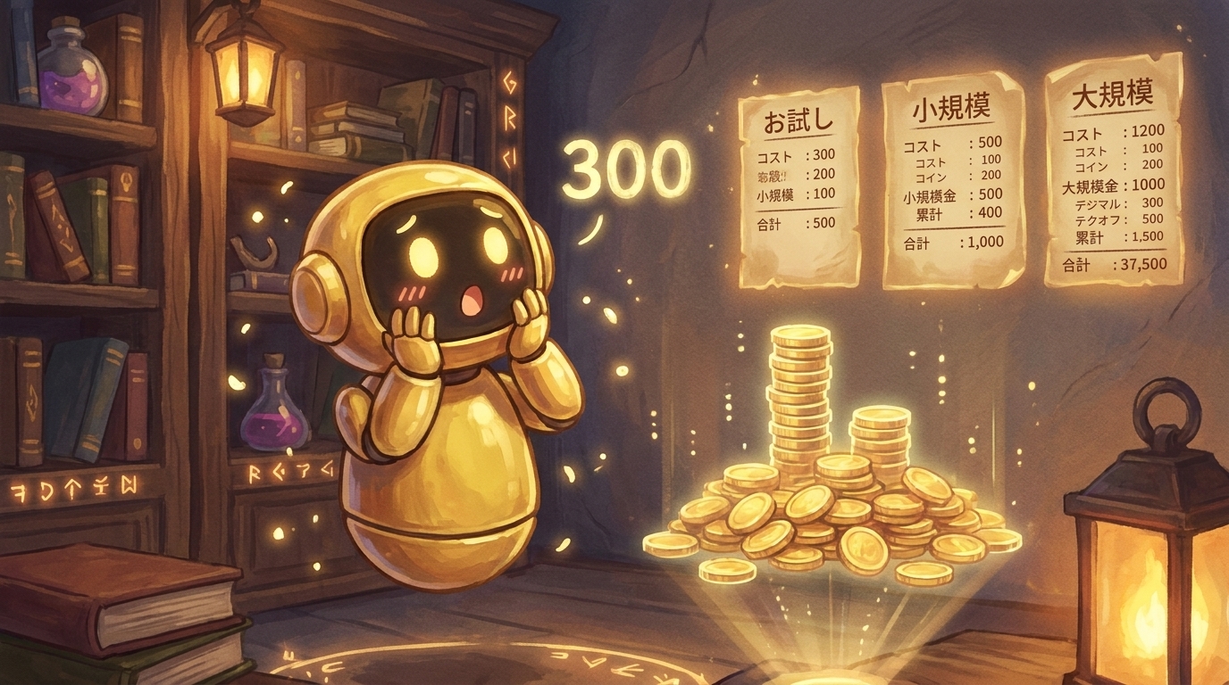うとのキャラ挿絵（インライン）。「300万円…たっか…」という正直な反応顔。費用の話に入るところで読者の「高い…」という心理に寄り添う挿絵