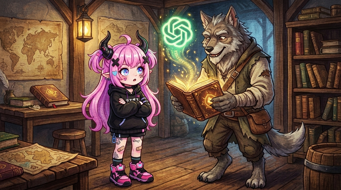 らすぼすキャラ挿絵（本文中2枚目）：ベテランドライバーを横目に「ほう…これは興味深いではないか（…こんな方法があったとは知らなんだ）」という表情。属人化問題→AIで解決という流れのリズムを作るポイント挿絵
