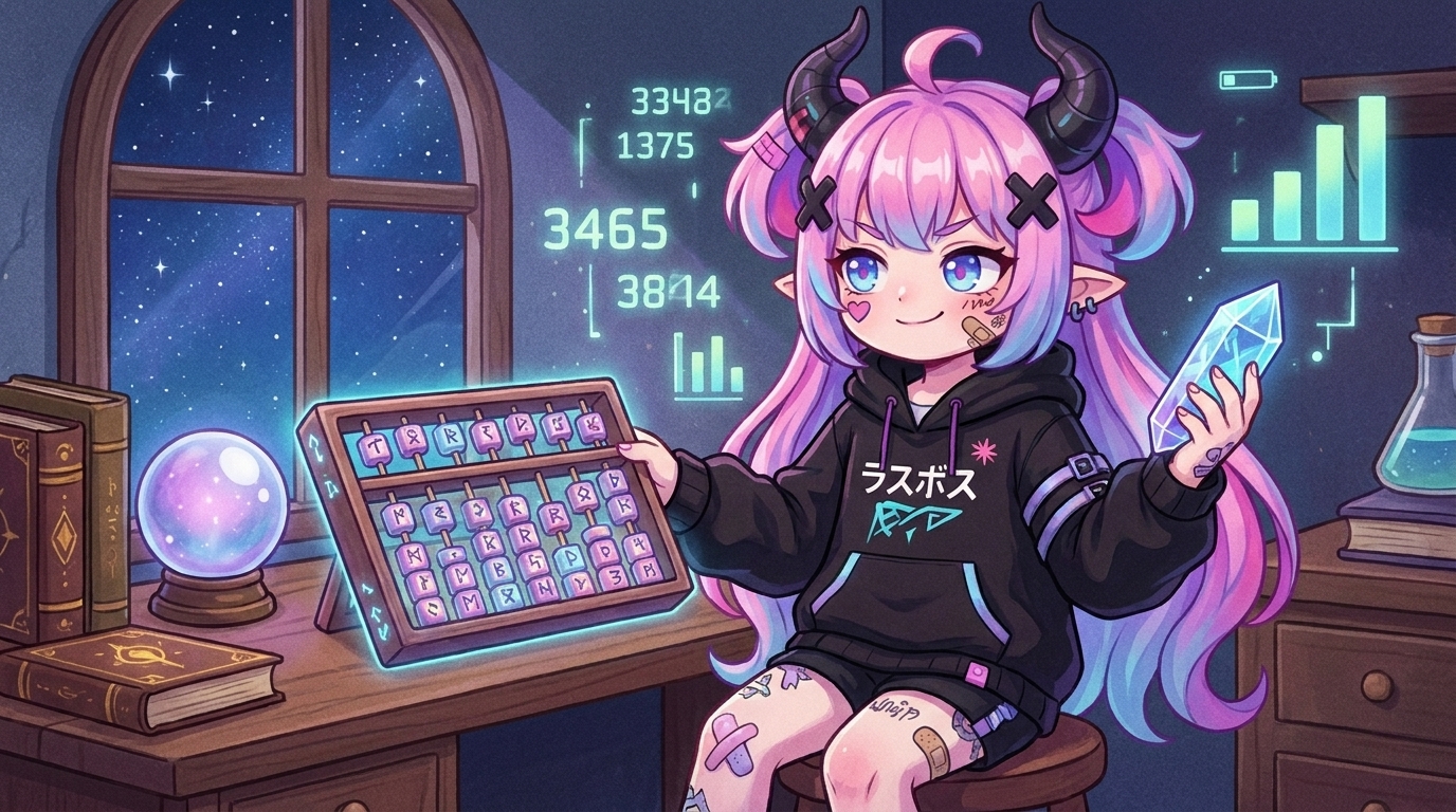 らすぼすキャラ挿絵（本文中3枚目）：電卓とスマホを持ちながら「ふむ、悪くない数字ではないか」の表情