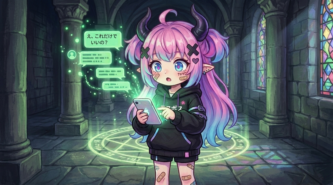 らすぼすがスマホを見ながら驚いている場面の挿絵(inline)。プロンプト紹介直後に配置してリズムをつくる